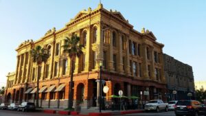 Victorian-era buildings in The Strand Historic District, a top tourist attraction in Galveston, Texas.